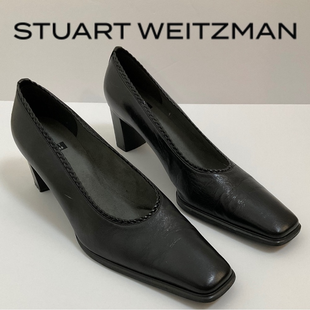 Vintage Stuart Weitzman Classic Black Heels Braided Square Heel 9 1/2 AA